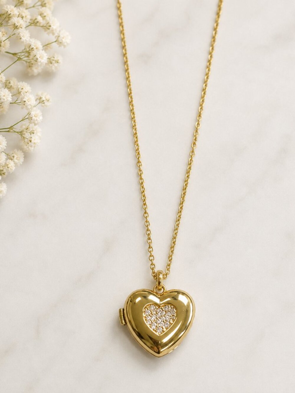 18K Gold Plated Heart Locket Necklace 19" Chain CZ Sparkling Heart Pendant Gift